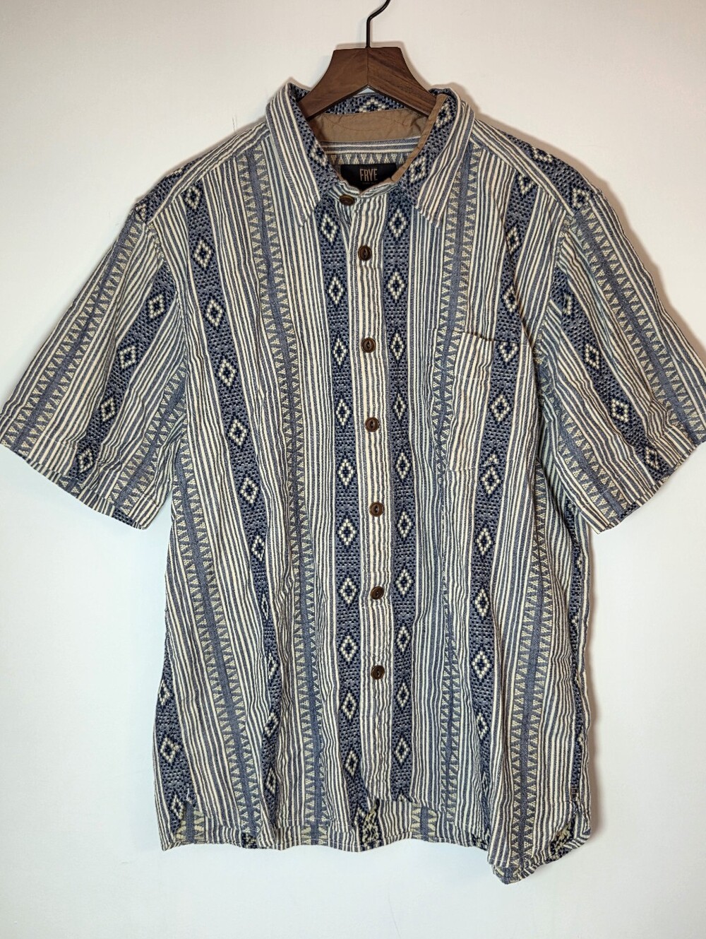 Frye Mens XL Southwestern Western Dobby Shirt Blue Cream 100% Cotton